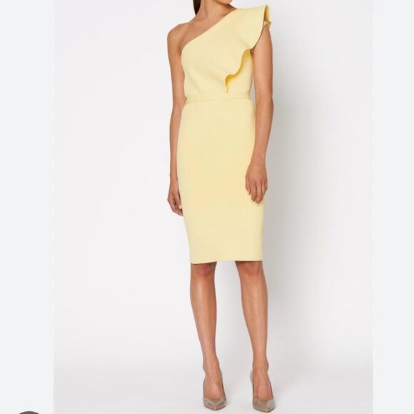 Scanlan Theodore crepe knit ruffle dress one shoulder lemon yellow spring summer - Picture 1 of 12